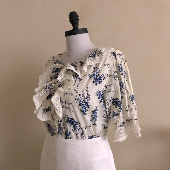 THE GREAT. Tops - THE GREAT. Bishop Blue on White Floral Blouse